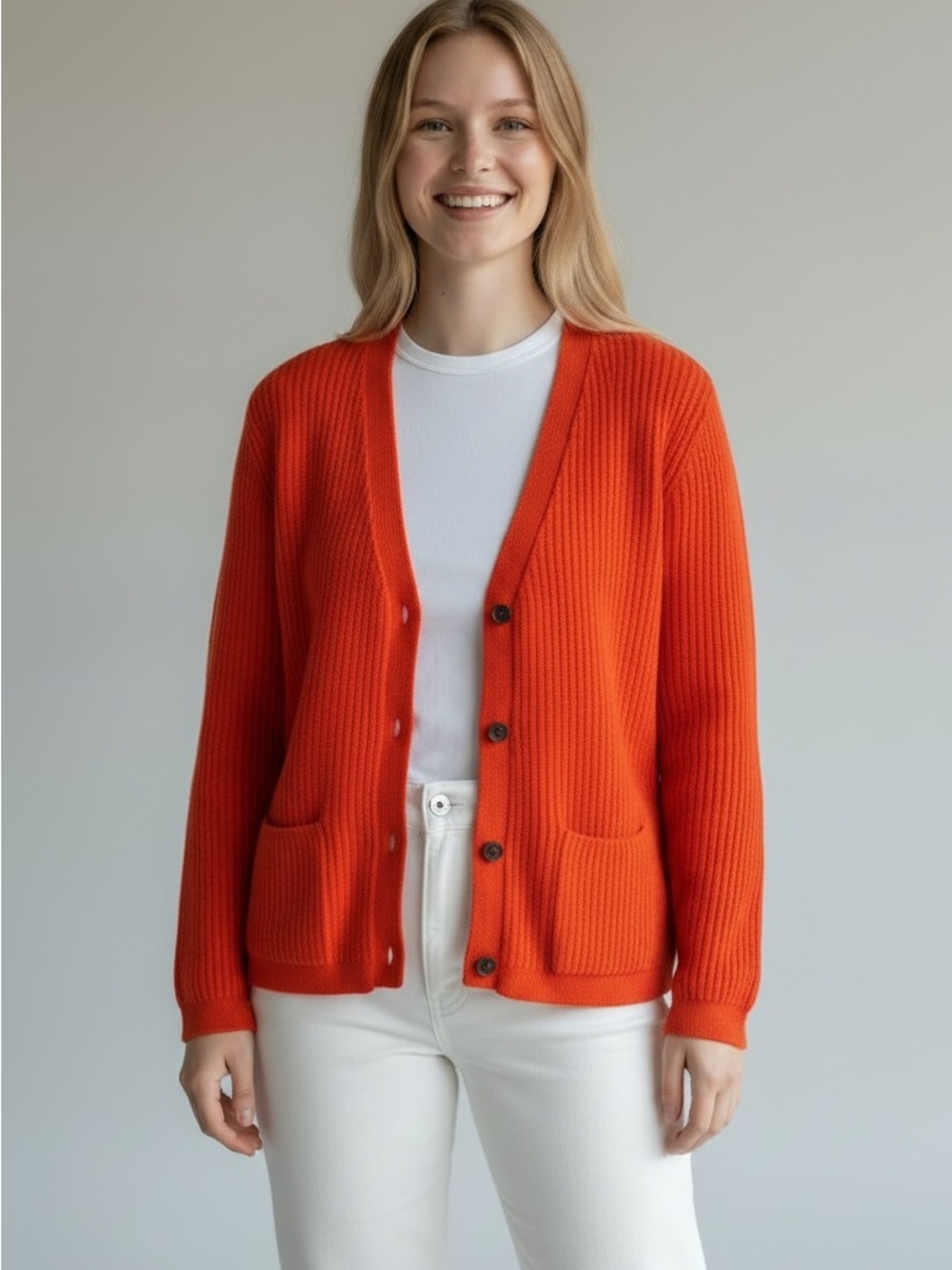 Lands' End Vibrant Orange Ribbed Button Cardigan